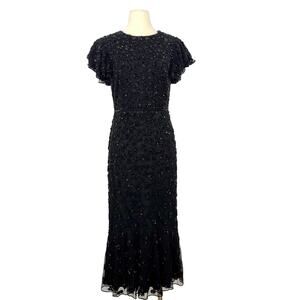 Mac Duggal Flutter Sleeve Beaded Midi Evening Dress Black Sparkly 8